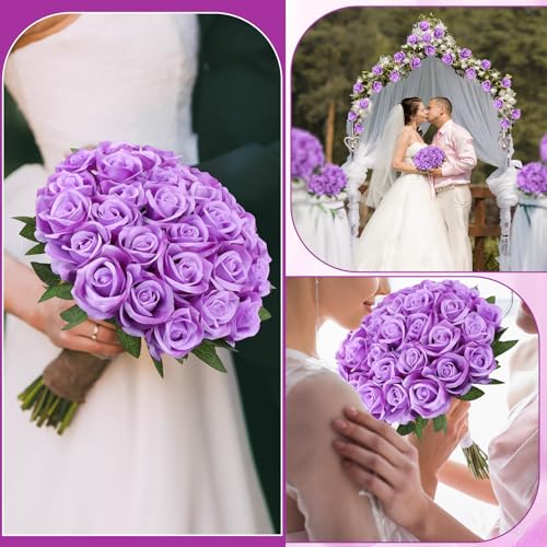 150 Pcs Roses Artificial Flowers, Silk Purple Artificial Flowers Petals Long Stem Roses for Wedding Bouquet Home Party Decor - color: Purple