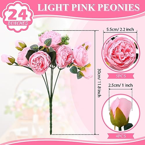 Hoteam 24 Bundles Artificial Peonies Flowers Wedding Faux Flowers Silk Peony Bouquet Bulk Bride Fake Florals Arrangements for Table Centerpieces Wedding Party Vase Decor (Light Pink) - color: Light Pink