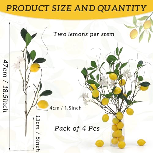 18.7'' Artificial Lemon Branches Fake Lemons Stem Decoration Faux Fruit Branch with Lifelike Leaves DIY Wreath Party Farmhouse Home Kitchen Table Ornament Themed - 4 Pcs