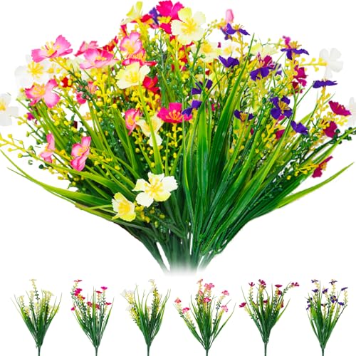 12 Bundles Artificial Outdoor Flowers Fake Silk Plants Spring Decoration Indoor Outside Hanging Plants UV Resistant Faux Flowers for Outdoor Planters Porch Window Box Garden