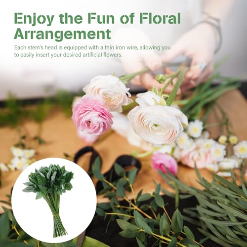 50 Pcs 13'' Rose Stems with Leaves, Fake Flower Stems, Faux Green Leaves Stems, Floral Arrangement Supplies, DIY Artificial Flowers Tools for Bouquet Wedding Party - color: Green