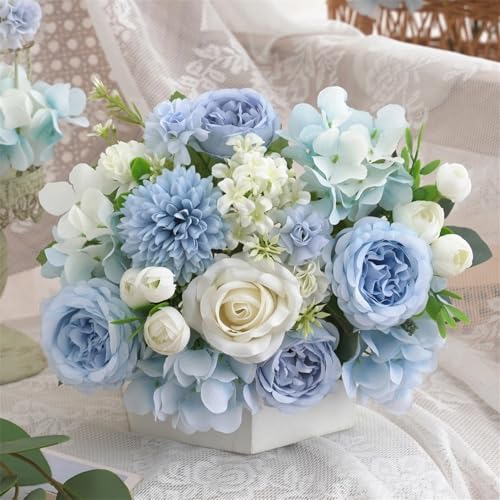 4 Pcs Mixed Artificial Peony Flowers Set-2 Bouquets & 2 Stems, Blue Fake Peony Rose Hydrangea Flowers for Vase Silk Floral Arrangements for Table Centerpiece Wedding Party Bridal Decoration Home Decor - color: Blue, size: Mixed 4pcs
