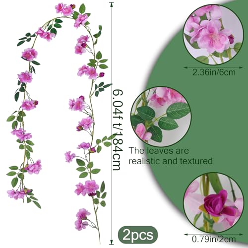 2 Pcs Artificial Flowers Garland for Outdoors Purple Faux Gardenia Garland 12Ft Silk Rose Hanging Vines Floral for Wedding Arch Party Wall Garden Ceremony Backdrop Fence Spring Decor - color: Purple
