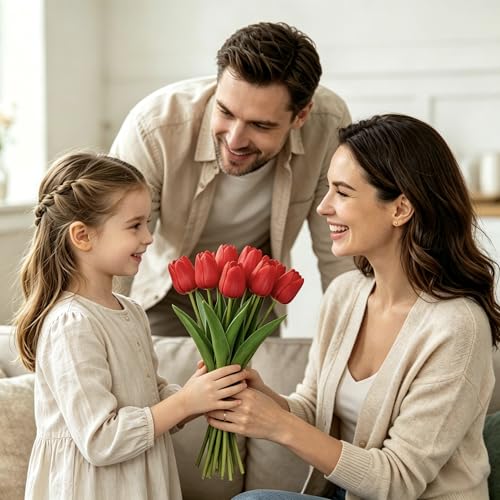 25Pcs Tulips Artificial Flowers, Faux Tulips Artificial Tulips Real Touch Tulip Fake Flowers Bouquets for Spring Wedding Home Kitchen Office Party Decor (Red) - color: Red