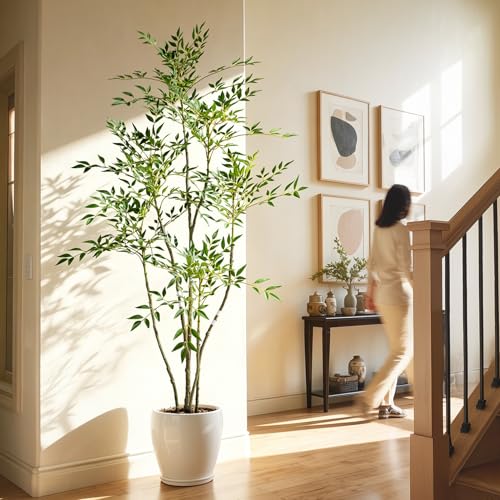 Large Artificial Nandina Trees Tall Fake Bamboo Tree Indoor Outdoor Realistic Floor Plant Potted Faux Plastic Silk Plants for Home Living Room Office Front Porch Patio decoracion Housewarming Gift - color: Green, size: 6ft
