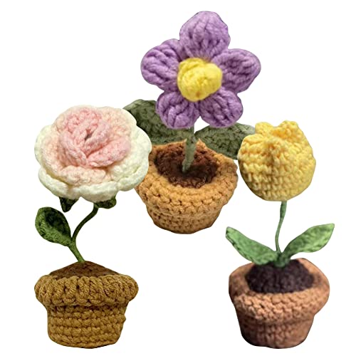 JOONOR 3PCS Mini Crochet Tulip Potted Plant,Knitted Fake Rose Puff Flower for Bathroom Home Kitchen Rustic Table Centerpiece Shelf Decor - color: Color#3
