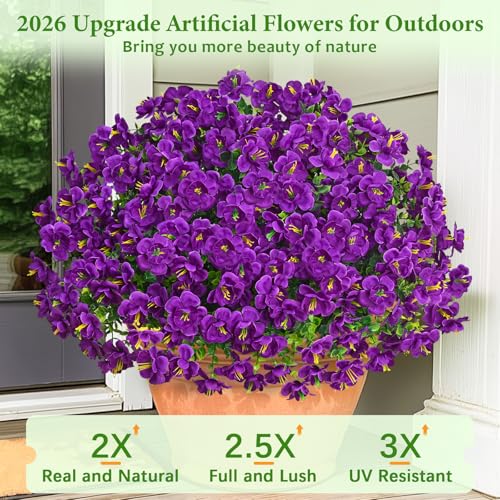 MARTINE MALL 24 Bundles Look Real Artificial Flowers for Outdoors, Realistic Fake Outdoor Flowers, UV Resistant Silk Flowers for Outside Faux Flowers Plants for Outdoor planters Porch, Purple - color: Purple, size: 24 Bundles