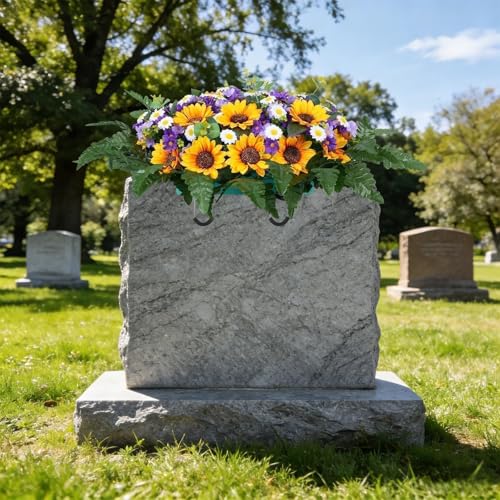 Zythrem Headstone Flower Saddle Cemetery Flowers for Grave Saddle Sunflowers with Artificial Wildflowers Memorial Flowers for Gravesite Orange Tombstone Saddles for Headstones Outdoor - color: Yellow