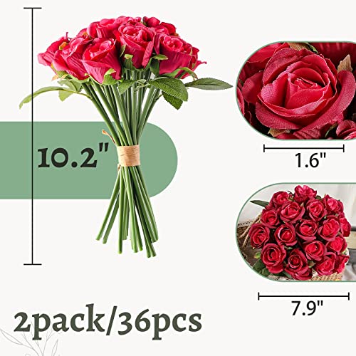 ZMZQ&flw 2 Bouquet Artificial Flowers 36 Heads Silk Red Roses Fake Flowers Single Stem for Outdoor Bridal Wedding - color: Red 36pcs