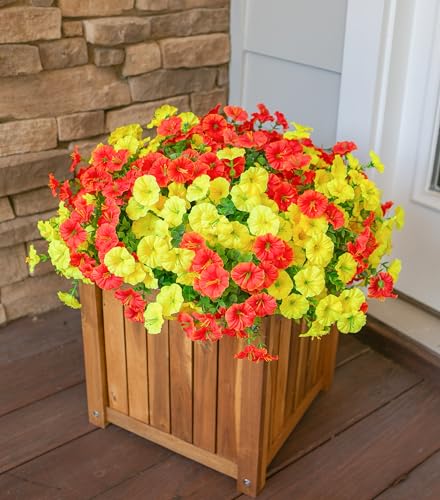 HyeFlora Artificial Flowers for Outdoors Fake Plants Outside Decoration, 12 Bundles Silk Colorful Morning Glory with Eucalyptus UV Resistant Realistic Faux Flowers for Planter Porch Patio Yard Garden - color: 2 Mixed(6 Yellow, 6 Orange)