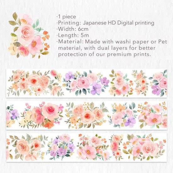 WT Floral PET Tape for Scrapbook Junk Bullet Journaling Supplies, Colored Masking Decorative Tape for Bible Study and Craft Supplies, Width 6cm, Length 5 M(Flower Corridor Wide PET Tape, One Roll) - color: WT Flower Corridor PET Tape