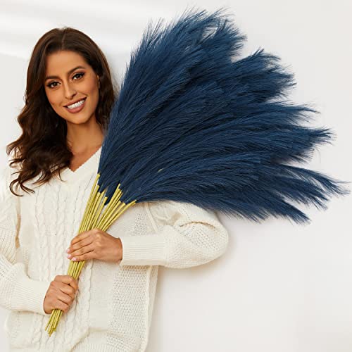 Blue Pampas Grass, 9 PCS 37''/3.1FT Tall Fluffy Fake Pompas Floral, Large Faux Pompous Grass Branches for Floor Vase Fillers, Boho Farmhouse Room Wedding Decor (Blue) - color: Blue