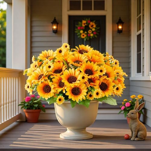 Realistic UV-Resistant Artificial Sunflowers - 6 Silk Bouquets, 78 Lifelike Flowers for Outdoor Planters, Wedding & Home Decor - color: Yellow
