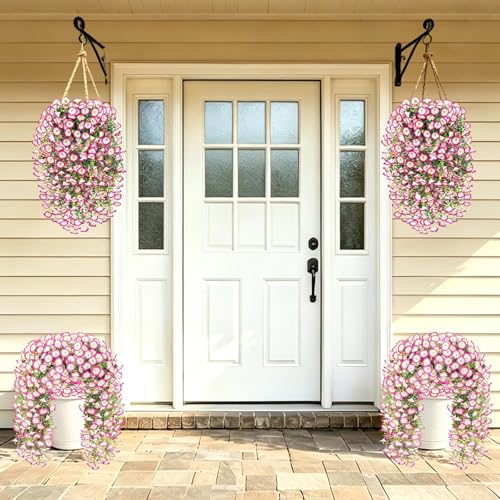 Artificial Hanging Flowers for Outdoors, 6 PCS Silk Morning Glory Artificial Flowers with Eucalyptus Leaves, UV Resistant Fake Flower Realistic Faux Plants for Home Patio Porch Garden, White+Pink - color: White+pink