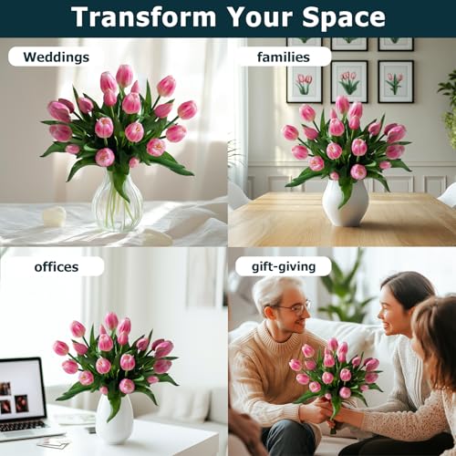 Bailikang 20PCS Fake Tulips 12' Artificial Tulip Silk Flowers Fake PU Bouquet Artificial Flowers Faux Flowers with Gift Box Soft Faux Tulips Bouquets Arrangements for Party Wedding Home - color: Pink