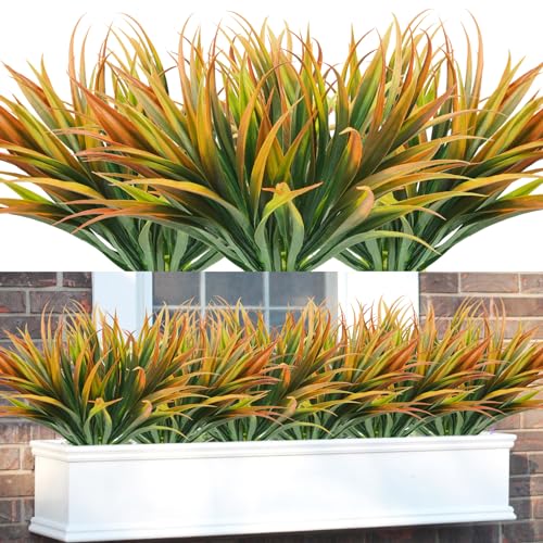 16Pcs Artificial Grass Fake Plants 17.3in Outdoor Plastic Plants UV Resistant Greenery Fake Grass for Home Window Garden Office Patio Hanging Planter Pathway Front Porch Décor Orange Yellow - color: Yellow, size: 16 Pcs