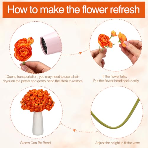 Giegxin 48 Pcs Ranunculus Artificial Flower,Real to Lifelike Peonies Artificial Flower Silk Faux DIY Bouquet for Wedding Bridal Shower Centerpieces Arrangements Home Decorations(Orange) - color: Orange