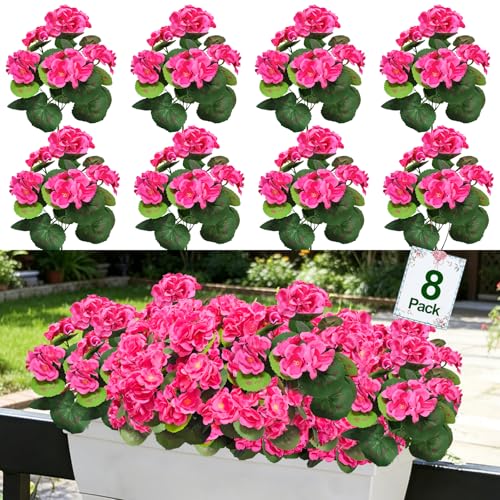 8 Bundles Artificial Geraniums Flowers for Outdoors Summer Decoration, Fake Flowers Silk Pink Flower UV Resistant No Fade Look Real Faux Plants for Porch Gardens Planter Patio Indoor Cemetery Decor - color: Pink