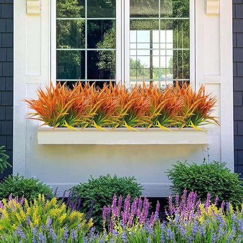 Outdoor Artificial Plants 8 Bundles Fake Plants Grass UV Resistant Fake Flowers Bush Greenery,17Inch Tall Faux Grass Shrubs for Home Porch Pathway Garden Décor Outside Indoor (Orange) - color: Orange