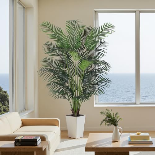 Artificial Palm Tree with White Tall Planter, 7ft Tall Potted Artificial Silk Palm Tree Plant, Fake Tropical Plant, Home Office Floor Room Decor Plants Indoor Outdoor, Housewarming Gift - size: 7ft