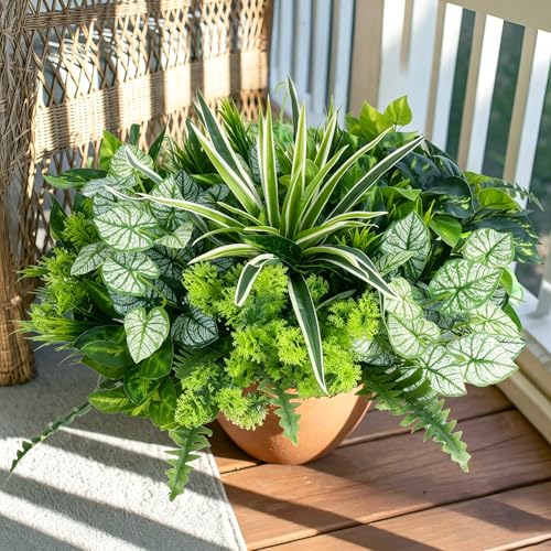 18 Bundles Artificial Greenery for Outdoors, Artificial Outdoor Plants UV Resistant Fake Spider Fern Coleus Plant Faux Bushes Leaves for Outside Window Box Patio Garden Front Porch Yard Summer Decor - color: Green-18pcs