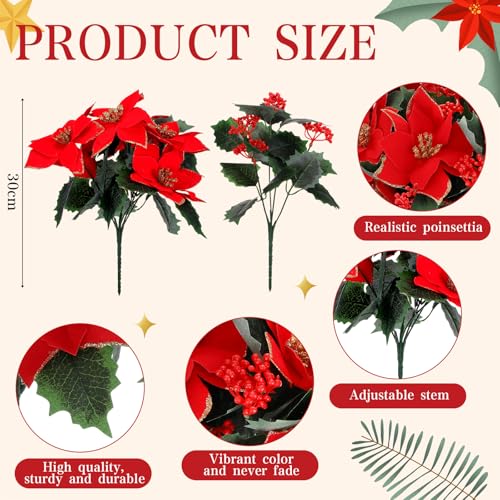 Suncalla 12 Pcs Artificial Poinsettia Bouquet 7 Heads Poinsettia Bush Christmas Flowers Holly Berry Stems with Red Berries Holly Leaves for Home Porch Garden Indoor Outdoor Holiday Xmas Decorations