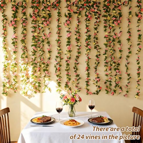 Miracliy 8Pcs 66FT Flower Garland, Orange and Champagne Artificial Rose Floral Vines Fake Hanging Spring Flower Garland for Wall Backdrop Wedding Arch Tea Party Door Mantle Decoration - color: Yellow-8pcs