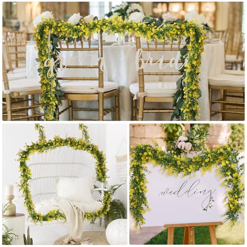 RECUTMS 3Pcs Hanging Garland Plants Artificial Eucalyptus Garland Fake Hanging Eucalyptus Leaf Garlands with Flowers Faux Vine Plants for Indoor Outdoor Spring Home Wall Arch Wedding Decor(Yellow) - color: Yellow