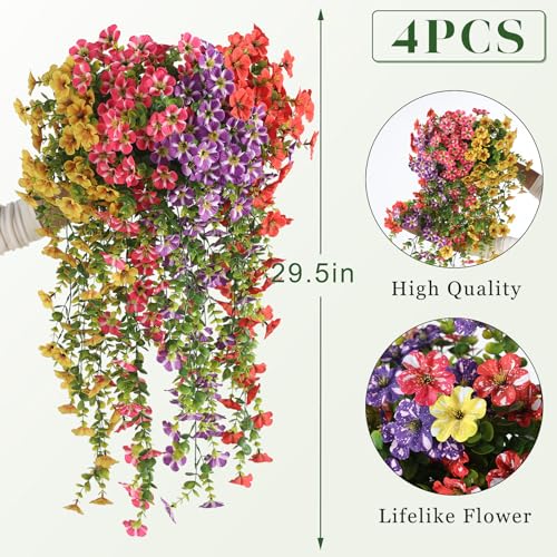 4 Bundles Artificial Hanging Morning Glory Flowers for Outdoor, Realistic Hanging Flowers Silk Fake Morning Glory with Faux Eucalyptus for Yard Garden Porch Patio Balcony Home Decor (Mixed Color) - color: Mixed Color
