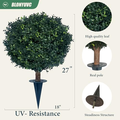 BLONYUVC Artificial Boxwood Ball Bush 27" Tree UV Resistance Rated with Spike. Easy to Push in The Ground.Plant Looks Great in a Planter Anywhere. Indoor/Outdoor Decor 2 Pack