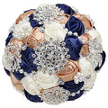 Sharebeauty 7.9 Inch Handmade Satin Rose Bridal Bouquet Toss Round Wedding Bouquet Throw Toss Artificial Flower Bunch Navy Blue + Brown Yellow + Ivory - color: W3217d14 Navy Blue/Brown Yellow/Ivory
