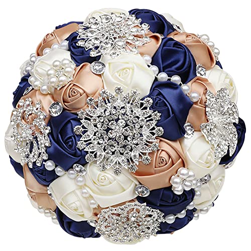 Sharebeauty 7.9 Inch Handmade Satin Rose Bridal Bouquet Toss Round Wedding Bouquet Throw Toss Artificial Flower Bunch Navy Blue + Brown Yellow + Ivory - color: W3217d14 Navy Blue/Brown Yellow/Ivory