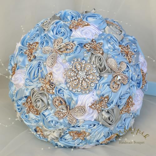 Handmade Wedding Flowers Bouquet Round Holding Bridal Bouquet Artificial Satin Roses Bunch for Bride Bridesmaid Wedding Quinceanera - color: Light Blue, Silver & White, size: Medium (Dia. 8.7"/22cm)