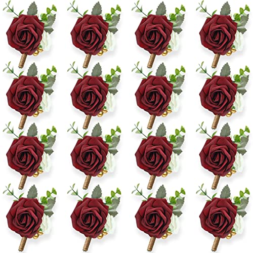 MTLEE 15 Pcs Burgundy Boutonniere for Men Rose Wedding Boutonniere with Pin Groom Groomsmen Buttonholes Man Suit Corsage for Vintage Wedding Ceremony Anniversary Dinner - color: Wine Red, style: Classic
