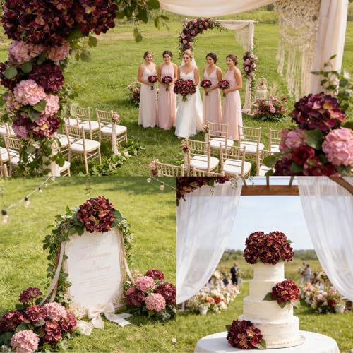 6PCS Realistic Artificial Silk Hydrangea Flowers, Premium Fake Hydrangea Flowers Bouquet with Stems, Full Faux Hydrangea Blooms for Home Wedding Table Party Office Decorations(Purplish Red) - color: Purplish Red