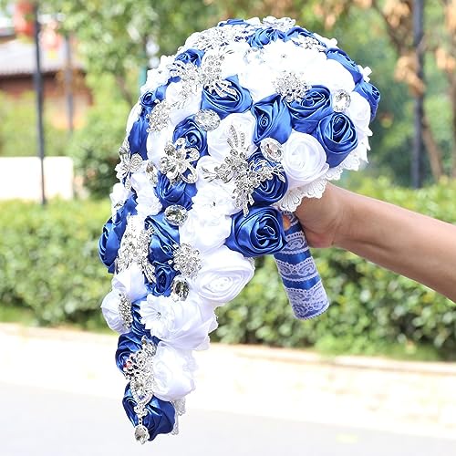Luxury Cascade Bridal Wedding Bouquet Satin Rose Waterfall Holding Bouquet Artificial Flower Bunch for Bride Bridesmaid(Royal Blue & White, 15" x 7.5") - color: Royal Blue & White, size: 15"L x 7.5"W(38cm x 19cm)