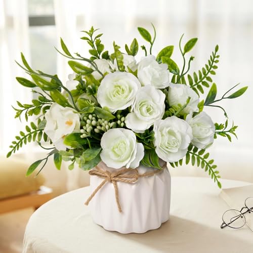 White Artificial Silk Roses with Ceramic Vase, No Maintenance Faux Flower Arrangement, 6.3 Inch Realistic Table Decor for Home Office Wedding - color: White