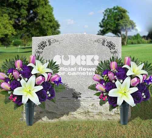 Cemetery Flowers with Vases for Grave Decor, Silk Lily Rose Tulip Headstone Flower,Tombstone Flower - Bright and Colorfast,Purple/White,2 Lovely Butterflies Included