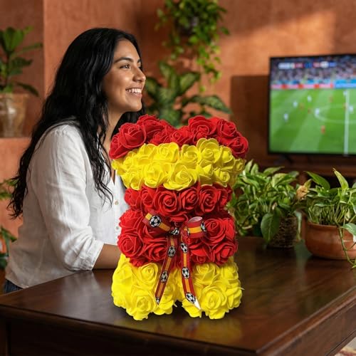 Spain Artificial Rose Flower Bear,Perfect Romantic Gift for Her, Valentine's Mother's Day, Christmas, Birthday,Thanksgiving Party Anniversary Girl Friend Wife Light Strips and Greeting Cards (ES) - color: Es