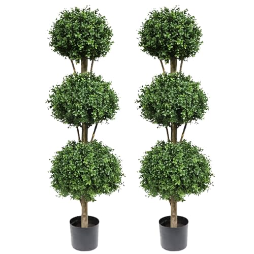 Damomo Artificial Topiary Triple Ball Boxwood Tree, 4.6ft Fake Topiaries Trees 56inch Faux Shrubs Plants Potted Outdoor Indoor Proch Office Garden Green (2 Pieces) - size: 56 inch - 2 count