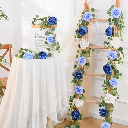 Livole 2Pcs 12 Ft Artificial Flower Garland Fake Blue Rose Peony Floral Garland with Eucalyptus Flower Hanging Vine for Wedding Arch Table Centerpieces Backdrop Party Home Decorations - color: Blue, size: 2 Pcs