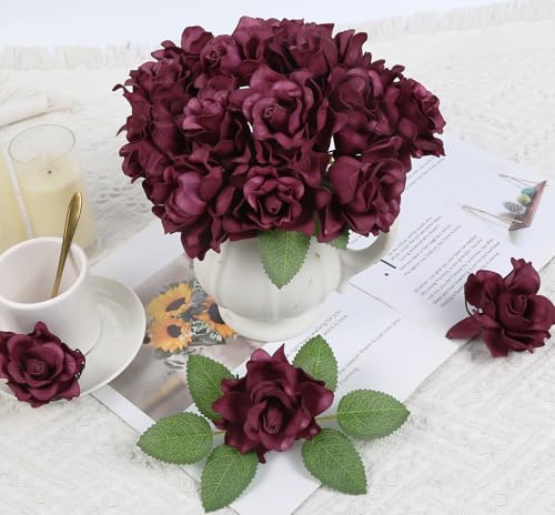 IPOPU Artificial Gardenia Flowers 25PCS 3.15’’ Burgundy Artificial Foam Roses Bulk Fake Flower Heads with Stems for DIY Wedding Bouquets Party Home Centerpieces Decor(Burgundy) - color: Burgundy
