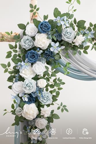 Ling's moment Artificial Wedding Arch Flowers with Drapes Kit-Pack of 5, 2pcs Flower Arrangements 3pcs Hanging Sheer Drapes Sage Ceremony Arbor Backdrop Rose Floral Decorations, Dusty Blue - color: Blu-dusty Blue