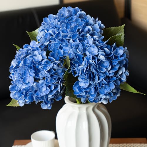 DUYONE 22" Real Soft Touch Hydrangea Artificial Flowers Realistic,Large Long Stem Fake Flowers Full Latex Faux,Wedding Bouquet,Party Home Decor,Garden Office Room Table Centerpieces Klein Blue 3Pcs - color: Klein Blue, size: 3Pcs