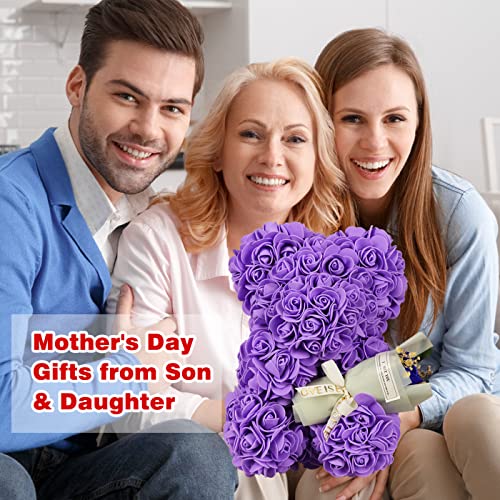 Gifts for Mother Rose Bear Gifts for Women, Rose Teddy Bear Birthday Gifts for Girlfriend Wife, Flower Bear withI Love You Necklace in 100 Languages - color: Purple