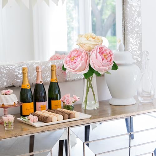 Zythrem Fake Flowers in Vase Artificial Flowers with Vase Pink Peonies with Artificial Water Silk Flower Arrangements for Dining Table Centerpiece Office Bathroom Coffee Kitchen Decoration - color: Pink&white