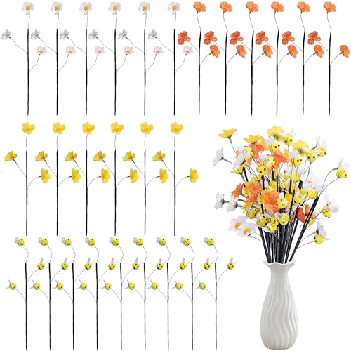 Watayo 24 Pcs Felt Bee Stems with Artificial Flowers Picks, Felt Honeybee Branches Floral Decorative Picks, Bees Daisy Stems Spray Vase Fillers for Table Centerpiece Tree DIY Craft Home Party Decor - color: Bees Flowers-24pcs
