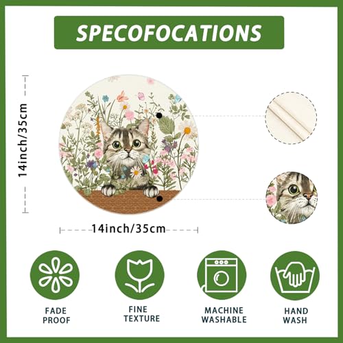 XCHI Wildflowers Cat Daisy Spring Round Placemats Set of 4 Summer Table Mats for Party Home Kitchen Dining Table Decorations 14x14 Inch - size: 14x14 Inch