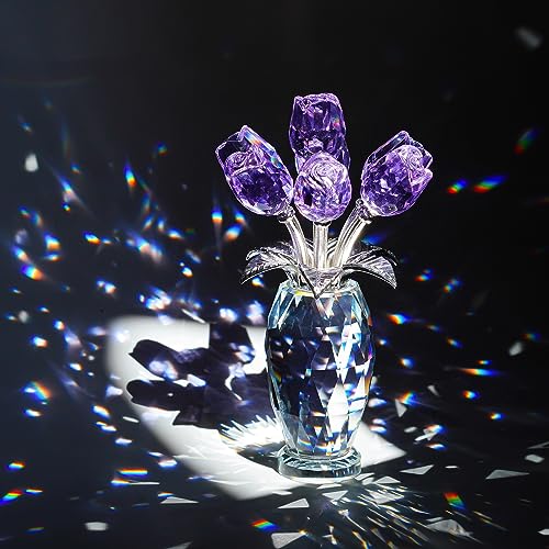 H&D HYALINE & DORA Crystal Rose Purple Flower Figurine,Rose Gifts for Mom Wife Grandma,Glass Flower Collectible Ornament Mother's Day Thanksgiving Anniversary Birthday Gifts - color: Purple