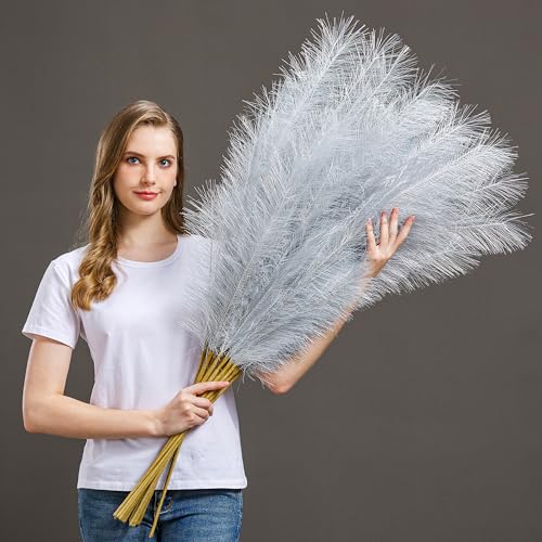 7 Pcs Faux Pampas Grass-45 Inches/3.75ft Large Boho Decor Fluffy Artificial Pompas Grass Décor Tall Vase Filler for Home Wedding Decoration (Silver, 7) - color: Silver